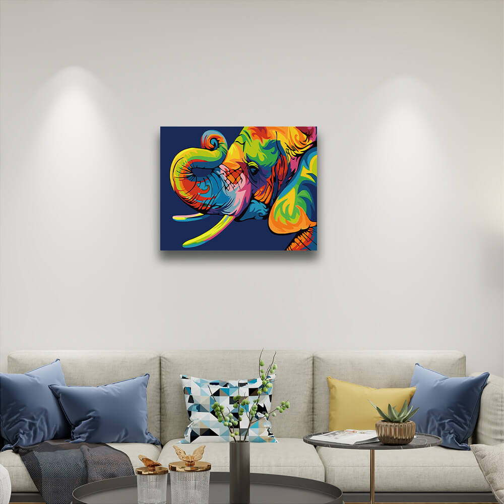 Colorful Elephant Face - Paint by Numbers,hanging on living room