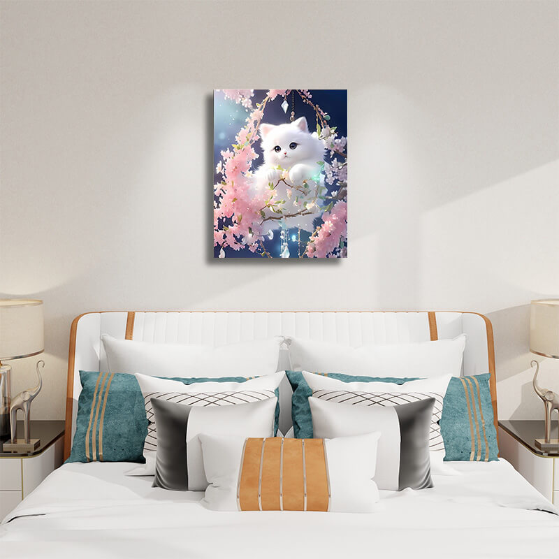 Cute White Cat Painting - Paint by Numbers,hanging on bedroom