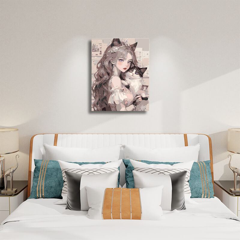 Enchanting Cat Artwork - Paint by Numbers,hanging on bedroom