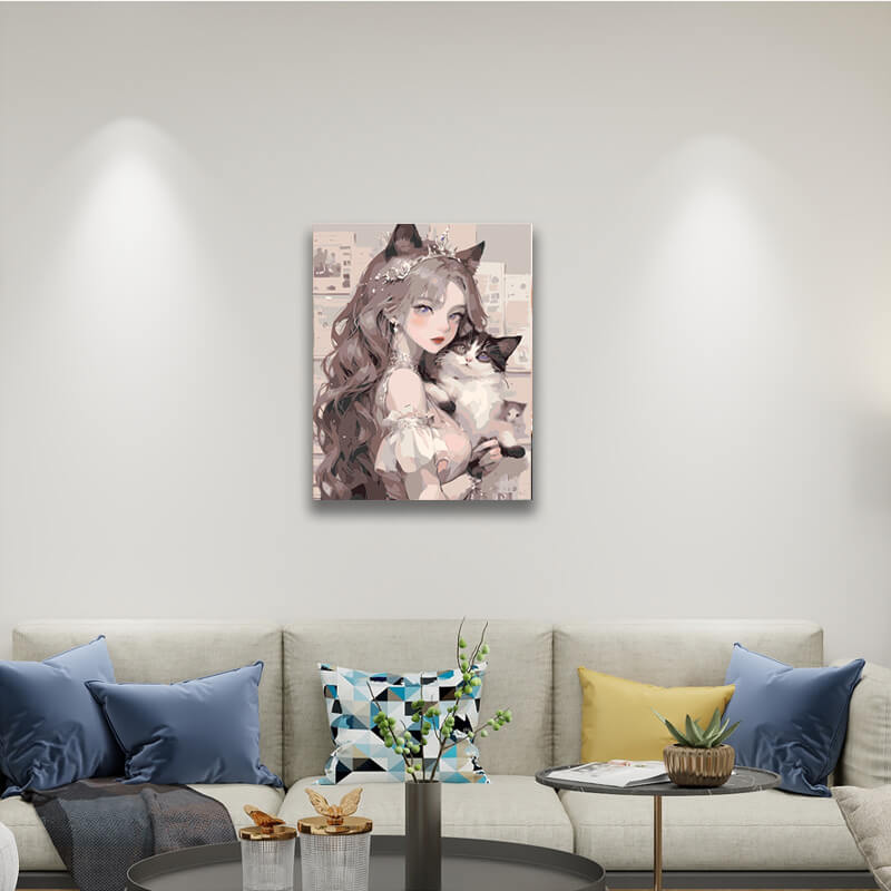 Enchanting Cat Artwork - Paint by Numbers,hanging on living room