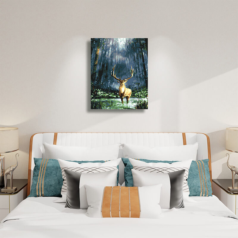 forest deer canvas painting-paint by numbers hanging on bedoom