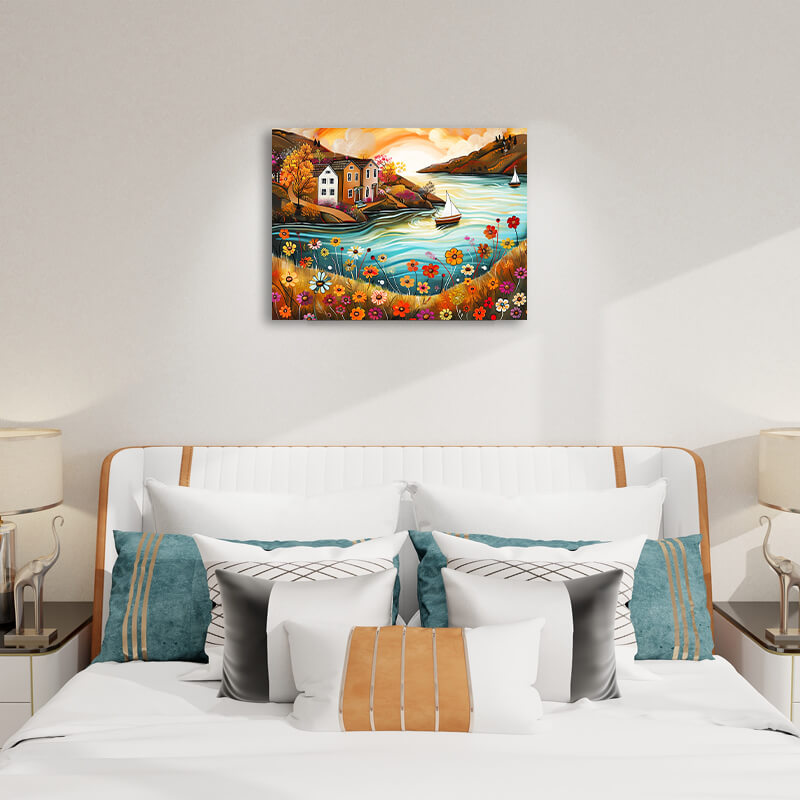 House by the River - Landscape Paintings,hanging on bedroom