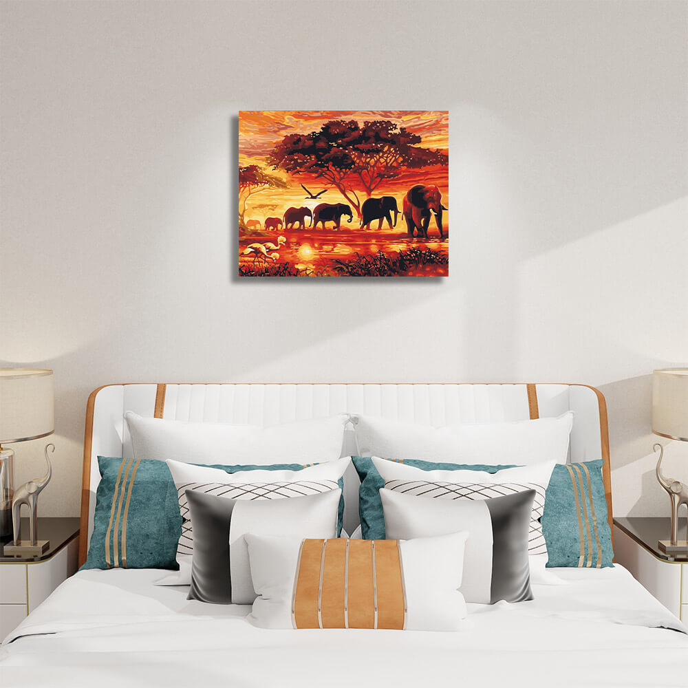 Paintings by elephants paint by numbers hanging on bedroom.