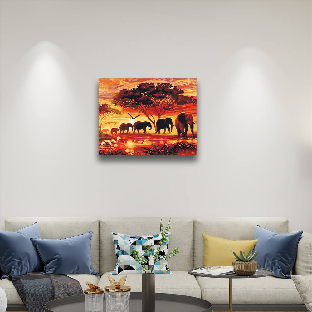 Paintings by elephants paint by numbers hanging on living bedroom.