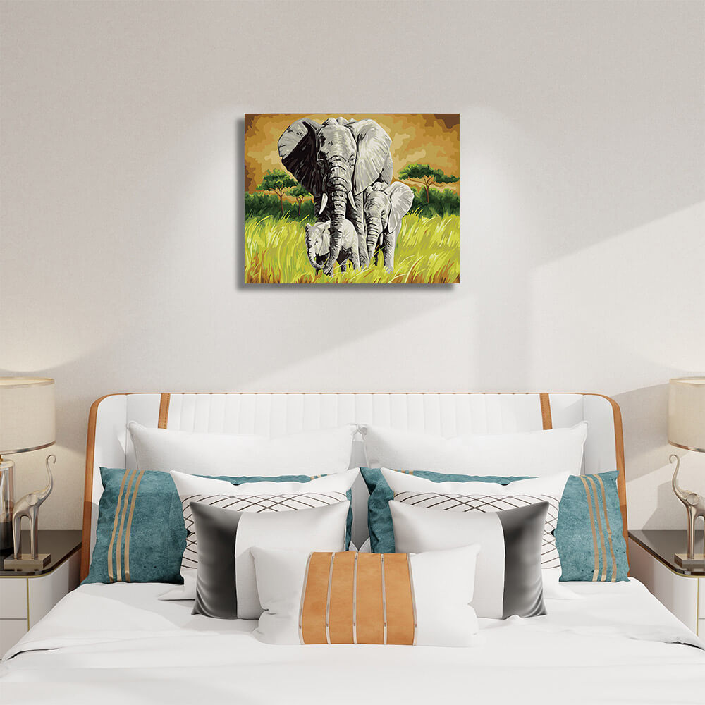 Serene elephant canvas paint by numbers hanging on bedroom