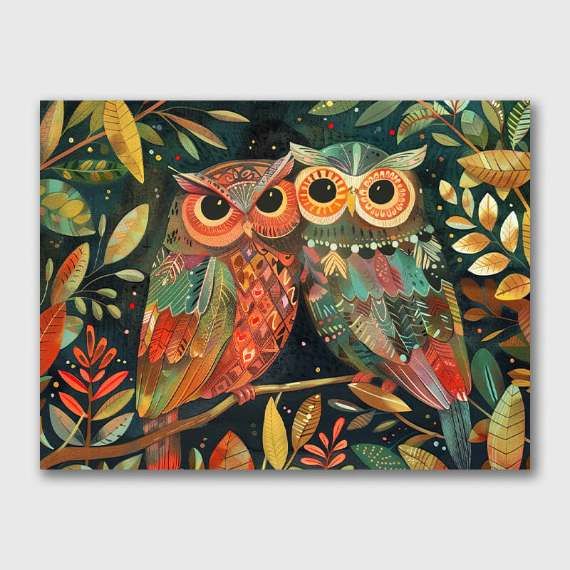 Two Owls Leaning Together - Artistic Owl