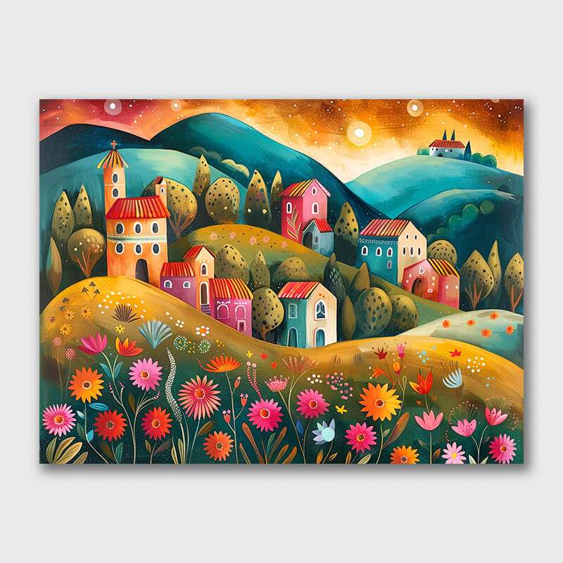 Village on the Hillside - Landscape Paintings
