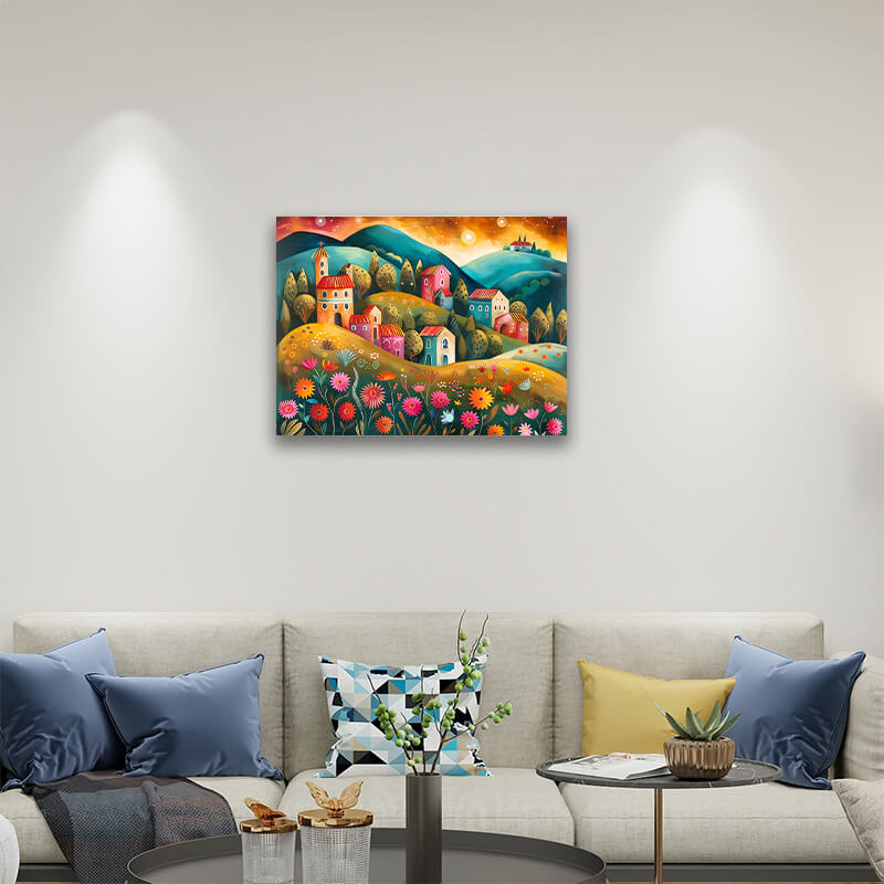 Village on the Hillside - Landscape Paintings,hanging on living room
