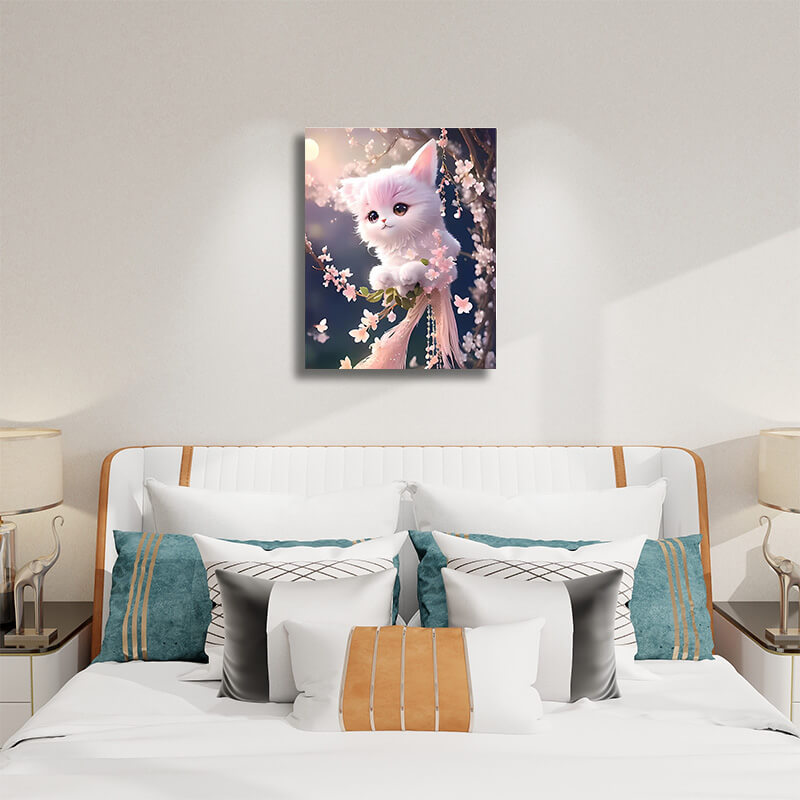 White Cat Art - Paint by Numbers,hanging on bedroom