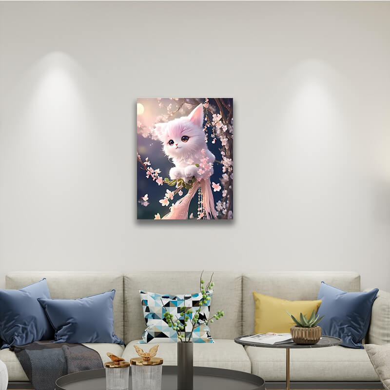 White Cat Art - Paint by Numbers,hanging on living room