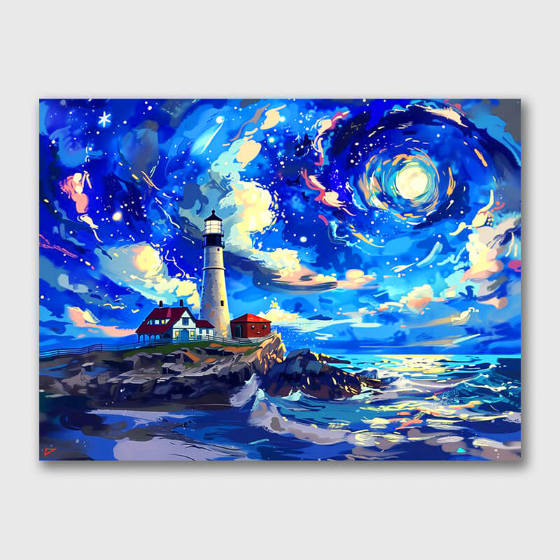 Lighthouse Under the Starry Night