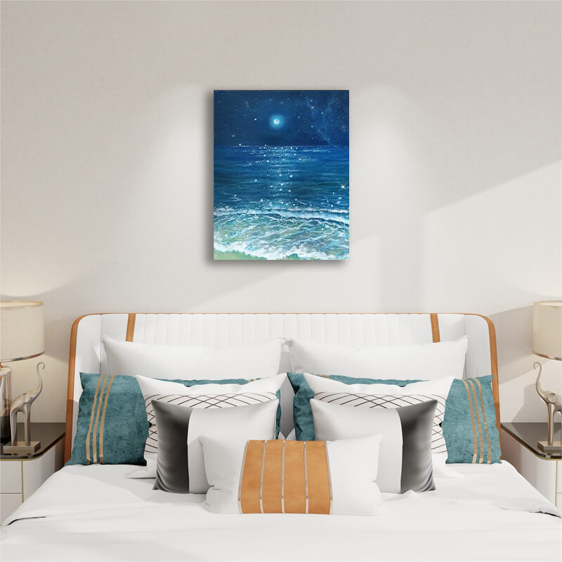 Moonlit Waves Wall Art - Paint by Numbers,hanging on bedroom