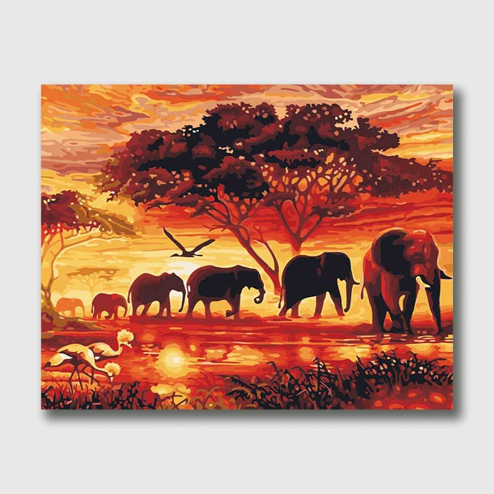 The sight of paintings by elephants, strolling through the grassland at dusk is breathtaking, with incredibly vivid and rich colors. Elephants and grasslands are blanketed in golden shadows as the last of the setting sun dips below the gorgeous, fiery orange sky. Because each hue evokes a different feeling, you can experience the allure of the natural world and become completely absorbed in the splendor of the setting sun.