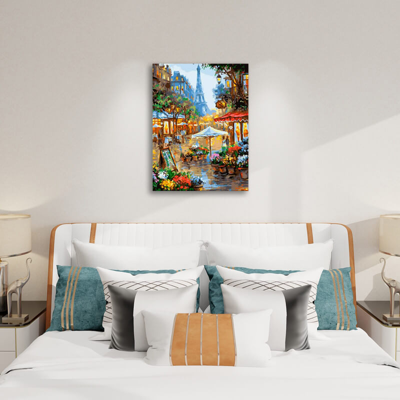 Paris Street and Eiffel Tower - Paint by Numbers,hanging on bedroom