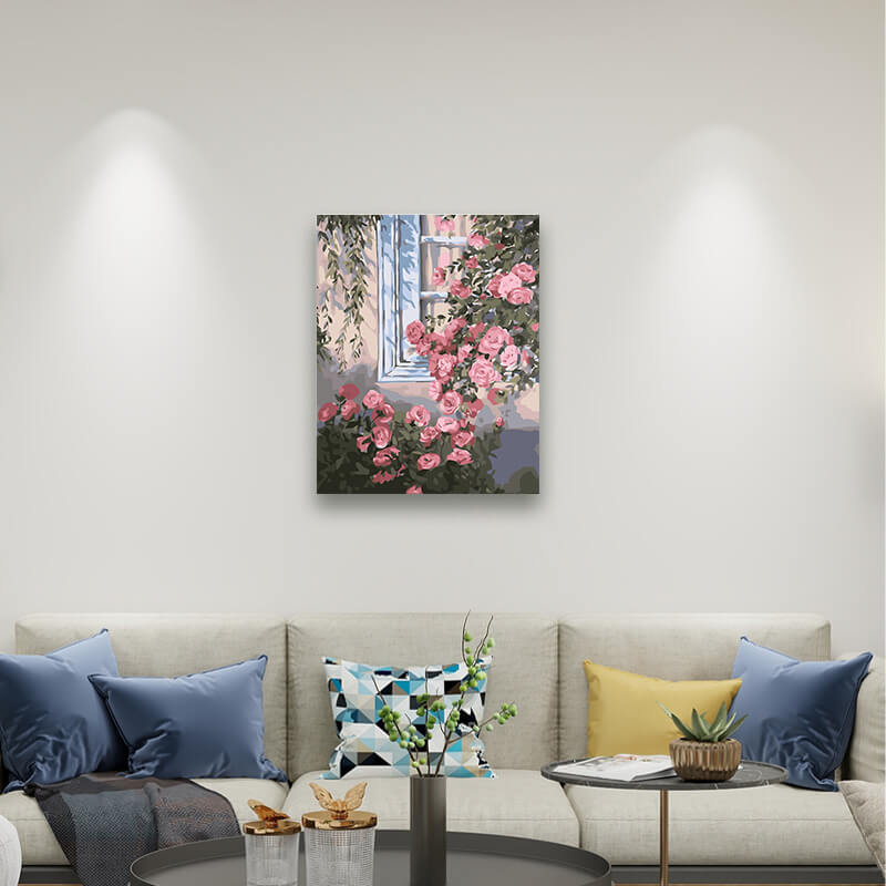 Pink Rose Art - Paint by Numbers,hanging on living room