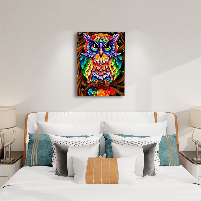 Rainbow Owl - Paint by Numbers,hanging on bedroom