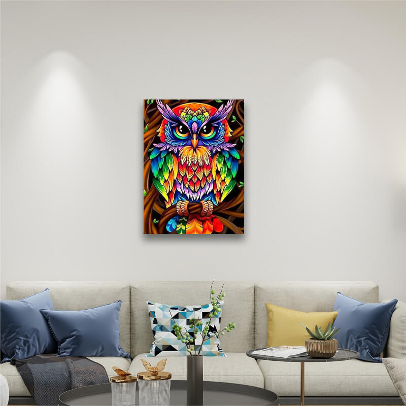 Rainbow Owl - Paint by Numbers,hanging on living room