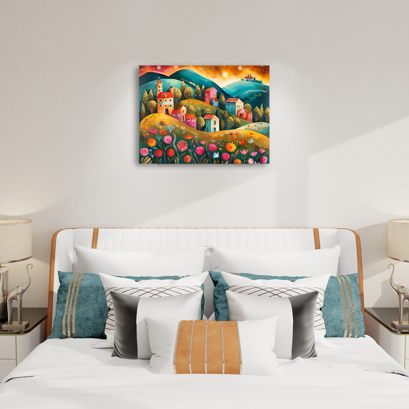 Village on the Hillside - Landscape Paintings,hanging on bedroom