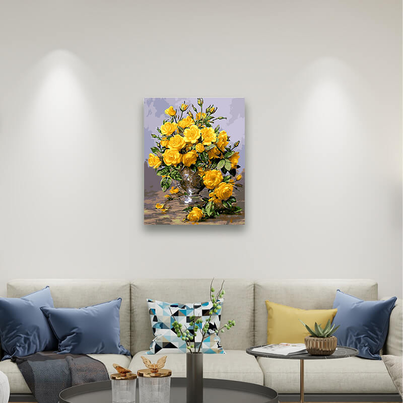 Yellow Rose Art - Paint by Numbers,hanging on living room